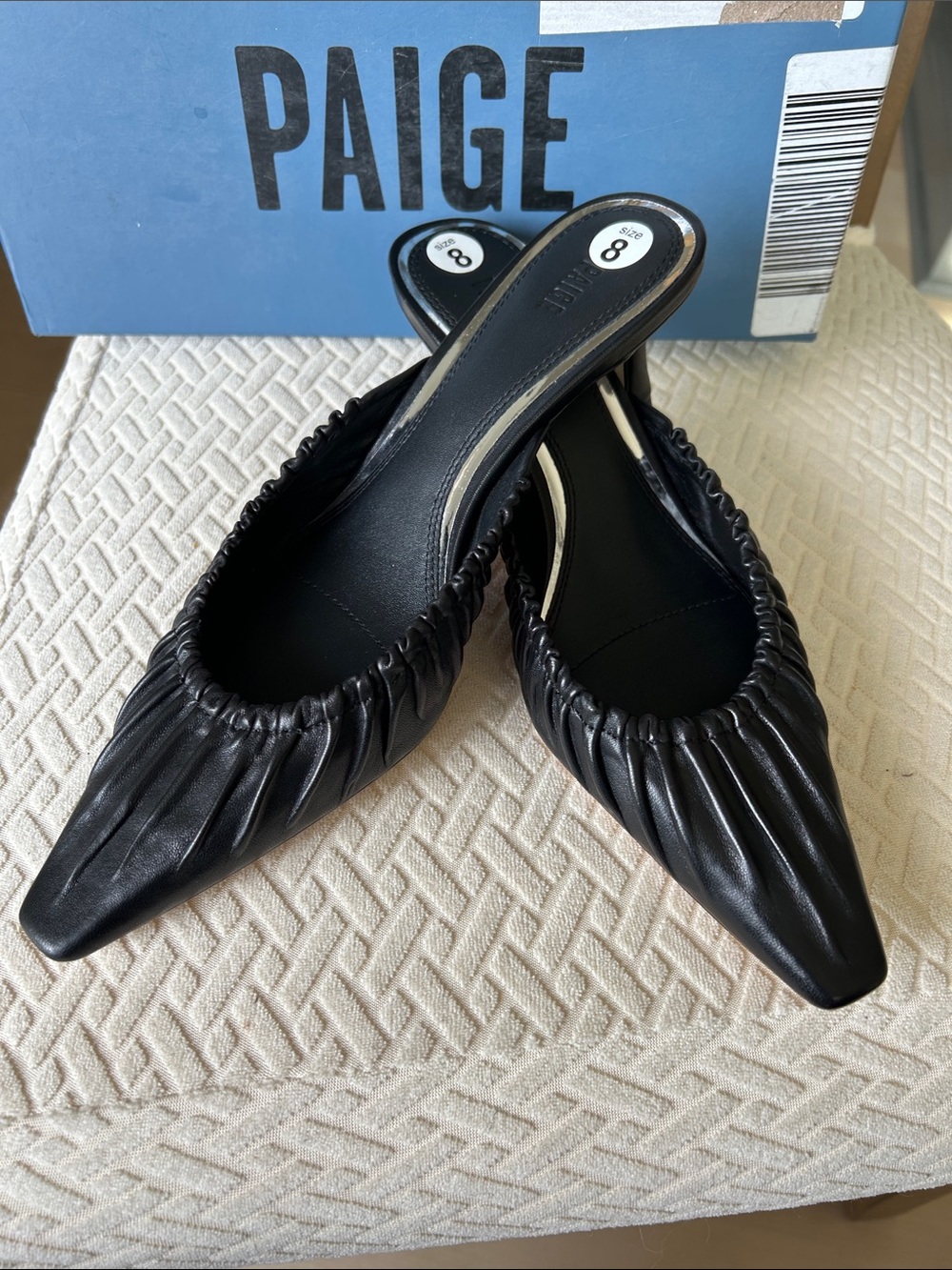 PAIGE Black Ruched Pointed-Toe Slip-On Mules Alice Heeled Mule  size 8